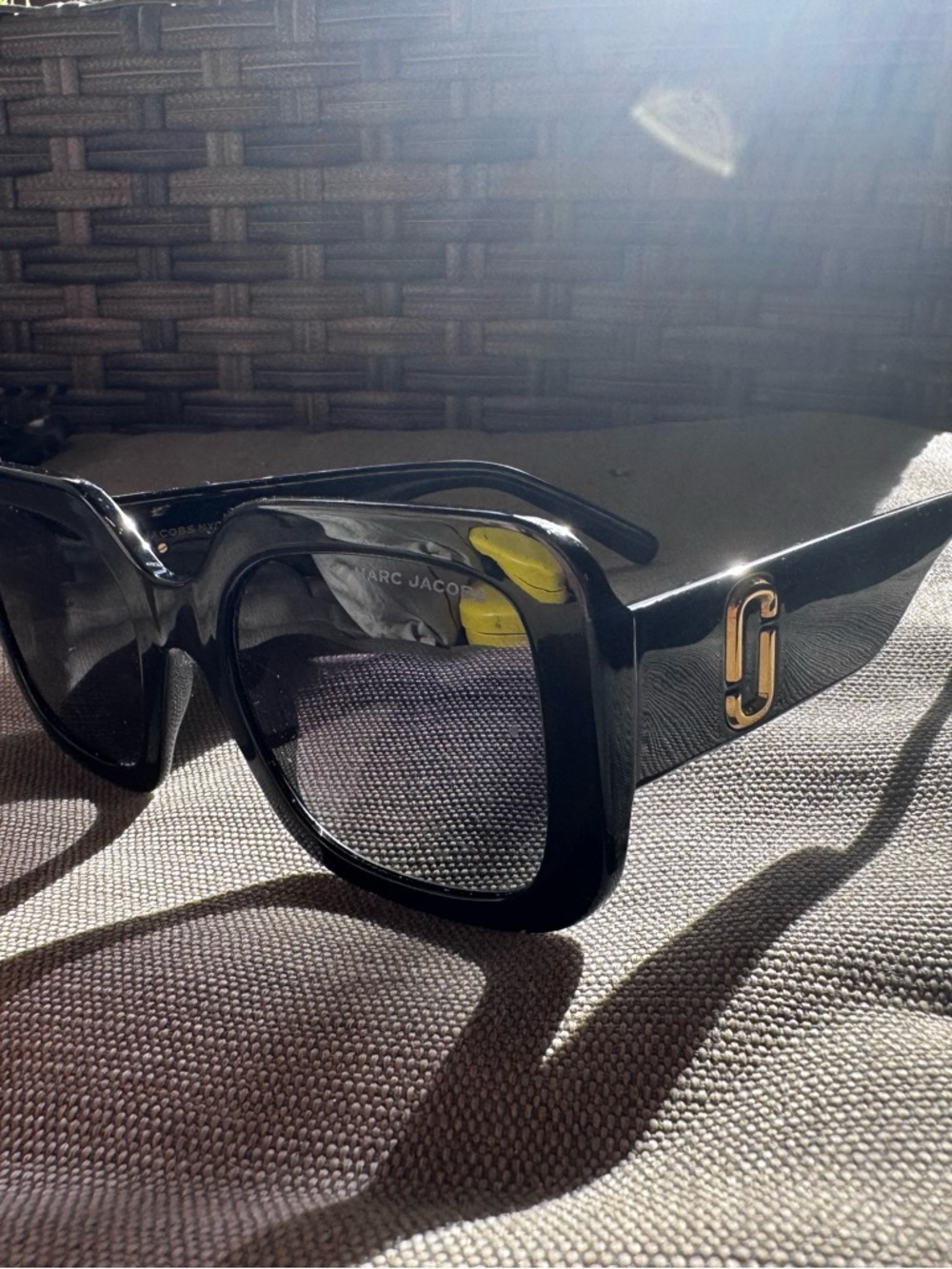 Marc Jacobs Glossy Black Square Sunglasses with Gold Logo Accent